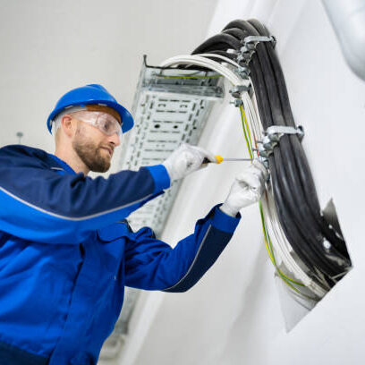 Electrician Doing Cable Installation And Maintenance In Office